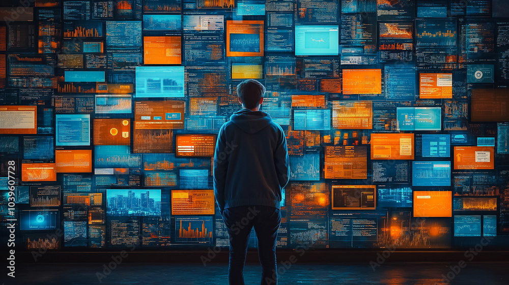 Poster a man stands in front of a wall of computer monitors displaying various data and information. concep