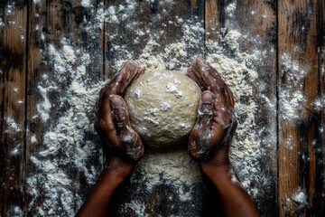 Fototapeta premium A pair of rich, dark hands securely cup a moist dough ball on a flour-strewn rustic wooden table, embodying the heart of baking and culinary creativity.