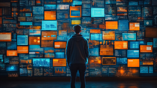 A man stands in front of a wall of computer monitors displaying various data and information. Concept of awe and wonder at the vast amount of information that can be displayed on a single screen