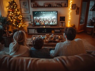 Family gathered around the TV, watching the countdown together, cozy living room, snacks and drinks on the coffee table