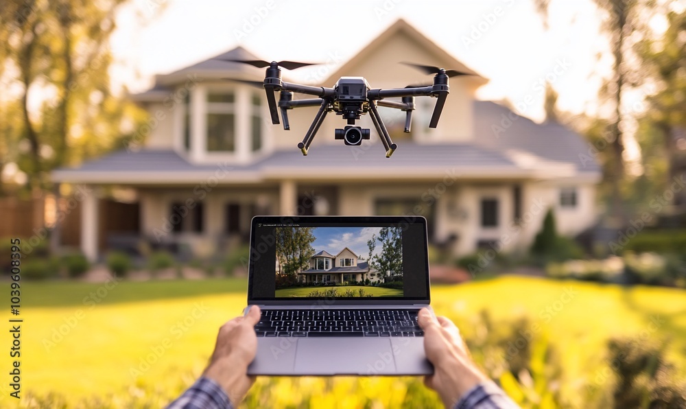 Poster a drone flying above a house, being controlled by a person using a laptop, showcasing the live feed 