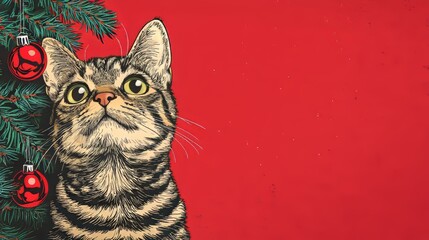 Curious Cat with Christmas Ornaments on Red Background