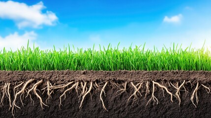 A close up of a grassy field with the roots of the grass visible