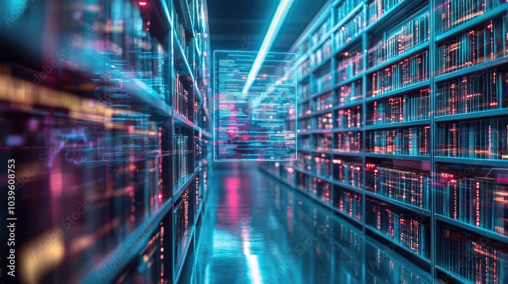 Poster futuristic library with glowing shelves and digital elements, abstract perspective view.