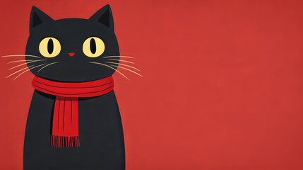 Cute Black Cat Wearing Red Scarf Against Red Background