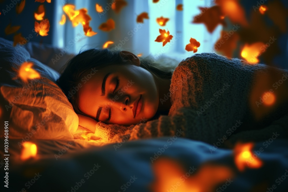 Poster this enchanting image features a woman sleeping soundly, encircled by luminous, floating leaves, cre