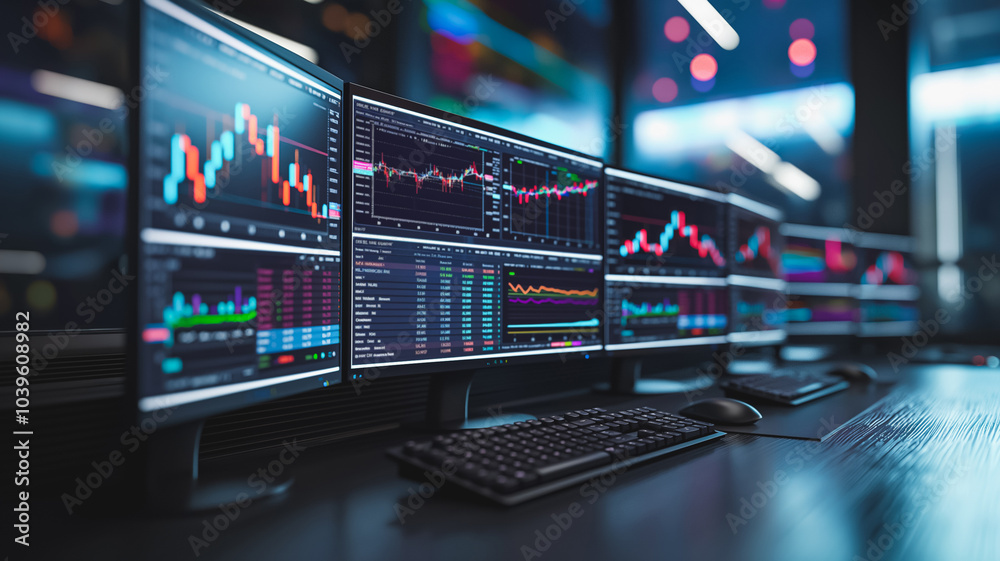 Poster a computer monitor displays a number of stock market graphs. the monitors are arranged in a row, wit