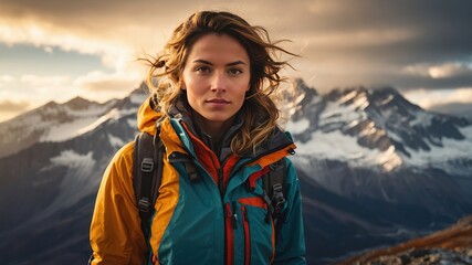 Naklejka premium Young Mountaineer Woman Conquering the Peaks - Dramatic Landscape Photo