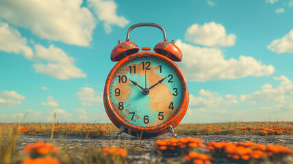 A rusted red alarm clock with a blue face sits in a field of flowers. The clock is set to the time of 10:30