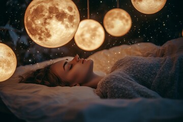 Dreamer in sleep among circular glowing orbs resembling moons, depicting dreams, cosmic wonder, and the boundless nature of the universe's mysteries.