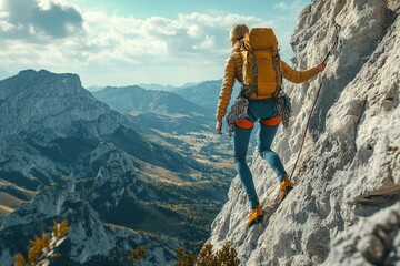A solo traveler stands on a mountain ridge, gazing at snow-capped peaks, carrying a backpack and hiking poles. Beautiful simple AI generated image