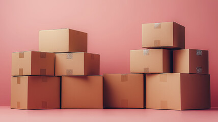 Obraz premium A stack of cardboard boxes with a pink background. The boxes are piled up in a way that they look like they are about to topple over