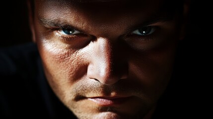 Obraz premium A man's face in tight focus, expression serious, against a black backdrop