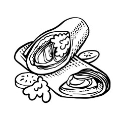 Sketch fast food isolated vector icons taco, kebab, noodles, pizza,burger, donut, french fries, soda, hot dog, sandwich, ice cream, fried chicken, junk meals, street fast food vector drawing engraved