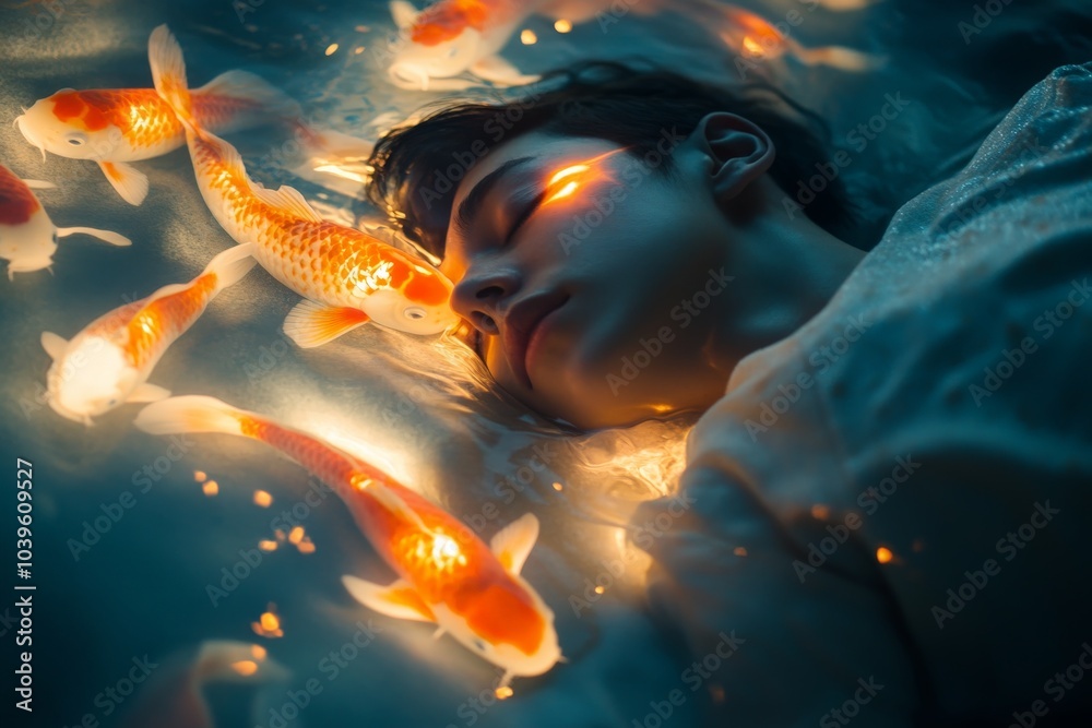 Poster a striking image of a man asleep, drifting in a serene underwater realm, illuminated by glowing koi 