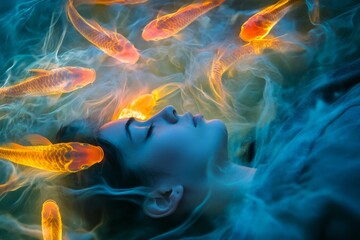 In a captivating underwater dreamscape, a woman sleeps entwined with glowing koi fish, capturing an enchanting blend of tranquility, magic, and surreal beauty.