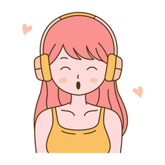 Cute Beautiful Girl Cartoon Character Listening Music Using Headphone