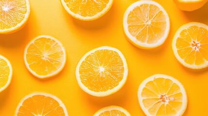 Obraz premium Aesthetic slices of oranges arranged on a vivid orange background, creating a lively, artistic composition.