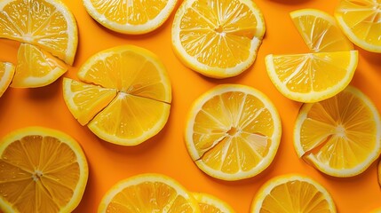 Aesthetic slices of oranges arranged on a vivid orange background, creating a lively, artistic composition.