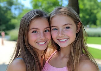 Obraz premium two girls one girl is holding the other in her arms and smiling at the camera with a summer park background They are wearing summer - one has long brown hair and green eyes 