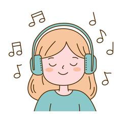 Cute Beautiful Girl Cartoon Character Listening Music Using Headphone