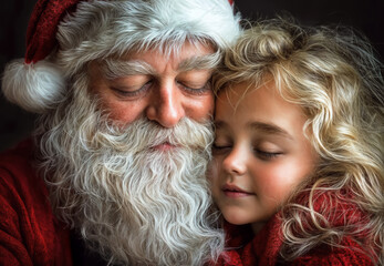 Santa claus with closed eyes peacefully embracing little blonde girl with closed eyes on christmas...