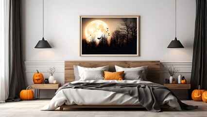 Modern minimalist wall art mockup of bed room for Halloween, blank frame for wall art mockup of bed room, Halloween and Christmas spooky scary vibes of the room interior design