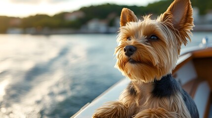 Yorkshire Terrier Enjoying a Sunny Boat Ride on a Picturesque Lake