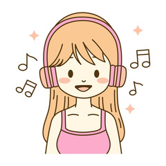 Cute Beautiful Girl Cartoon Character Listening Music Using Headphone