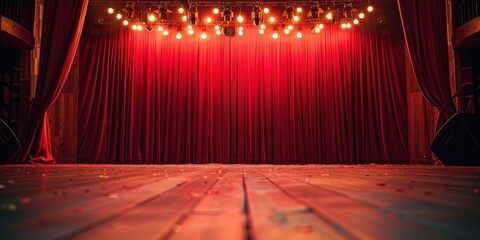 Red Stage Curtains with Lights and Wooden Floor
