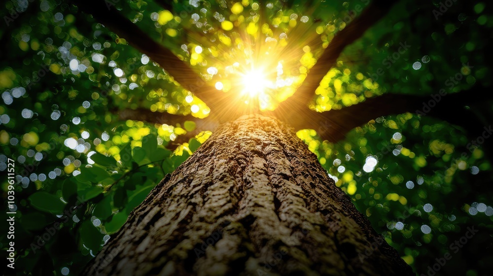 Poster looking up a tree trunk with sunlight filtering through green leaves.