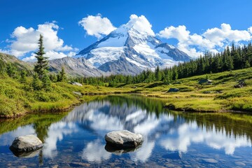 Crystal-clear lake reflecting surrounding mountains and forests, showcasing the purity of Earth's water bodies. Beautiful simple AI generated image