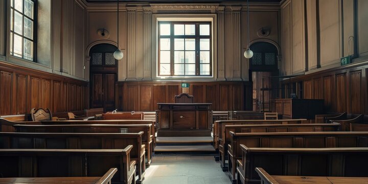 A Glimpse Inside a Historic Courtroom: Wooden Benches and Justice