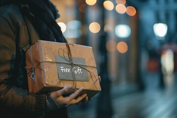 A person receiving a suspicious package labeled as "Free Gift" with hidden fees attached, representing unsolicited gift scams.