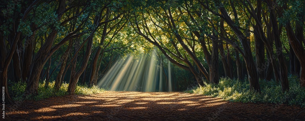 Aufkleber sunlight filters through a lush green forest, creating a serene, tranquil pathway.