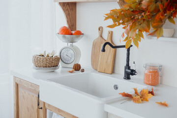 Cozy autumn kitchen scene featuring fresh produce and seasonal decorations by the sink