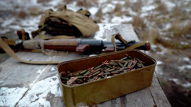 A box of machine gun ammo. There are a lot of machine gun ammo on the table. A grenade launcher is lying next to a box of ammo on a table in a field on a military training ground