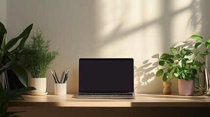 Fototapeta premium Modern Workspace with Lush Green Plants