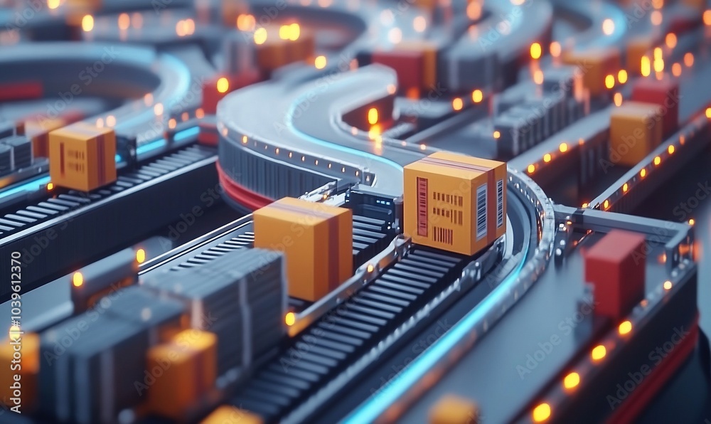 Poster a futuristic conveyor belt system with boxes moving along a track with glowing lights and a barcode 