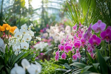Obraz premium A vibrant display of colorful orchids in a lush greenhouse setting. This image captures the beauty of nature in vivid detail. Perfect for floral enthusiasts and decorators. Generative AI