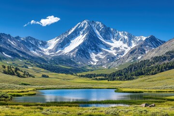 Tranquil panorama of crystal-clear mountain lake reflecting lush green forests and peaks under a vivid blue sky. Beautiful simple AI generated image