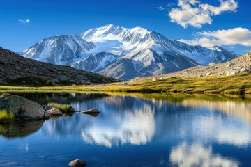 Tranquil lake with green grass and trees, and mountain scenery in summer under a blue sky. Looping time-lapse video.. Beautiful simple AI generated image