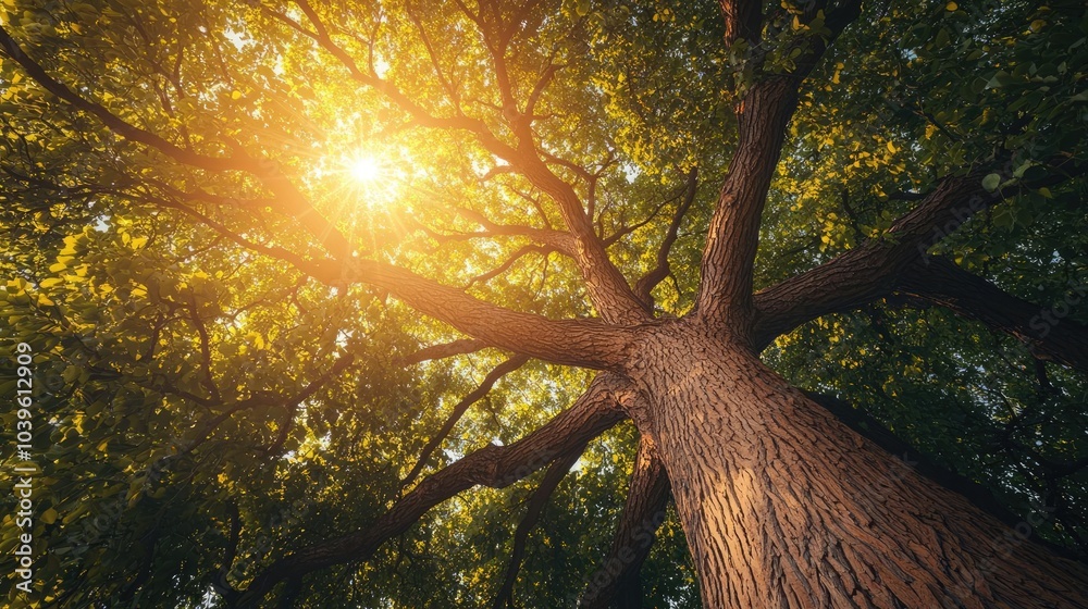 Poster tree viewed from below, sunlight filtering through lush green leaves.