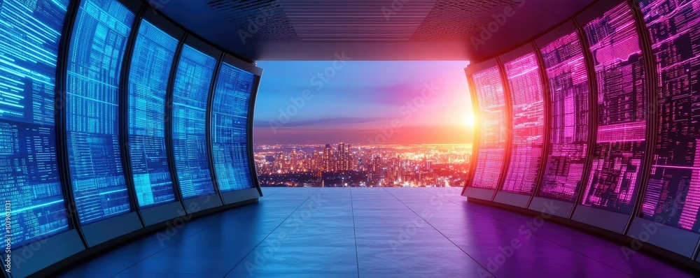 Poster futuristic view from a high-tech room with colorful screens and sunset.