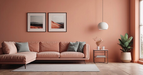 Modern living room interior design with sofa, rug, and plant in peach color