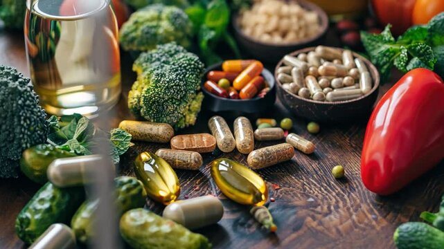 A close-up of healthy food and supplements on a wooden table, representing wellness and nutrition