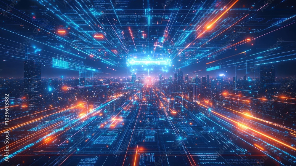 Poster futuristic digital landscape with bright lights and data streams on a vibrant background.