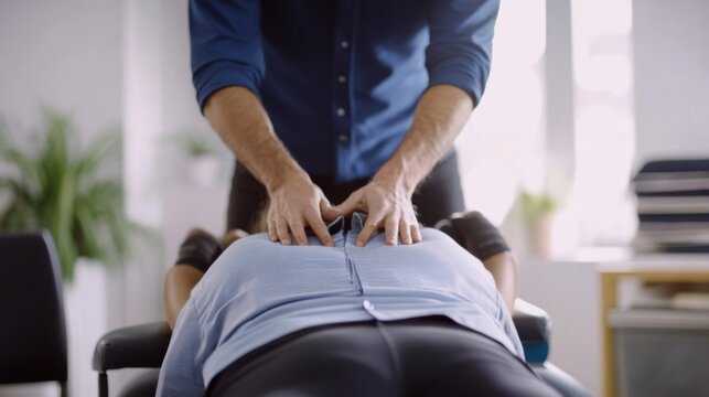 A chiropractor performing a spinal alignment adjustment on a patient in a treatment room, with chiropractic tools and supportive pillows visible, Therapeutic style