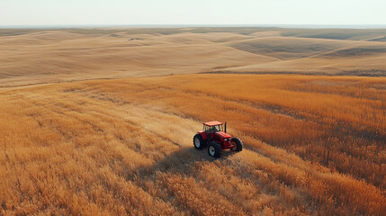Naklejka premium A red tractor is driving across a field. 
