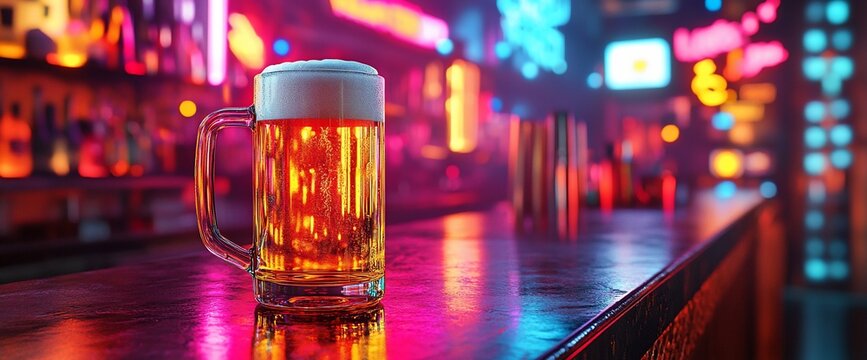 A glass of beer on a bar counter with neon lights in the background.